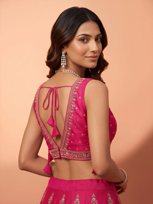 Pink sequin embellished silk blend sleeveless readymade saree blouse with round neck view 1