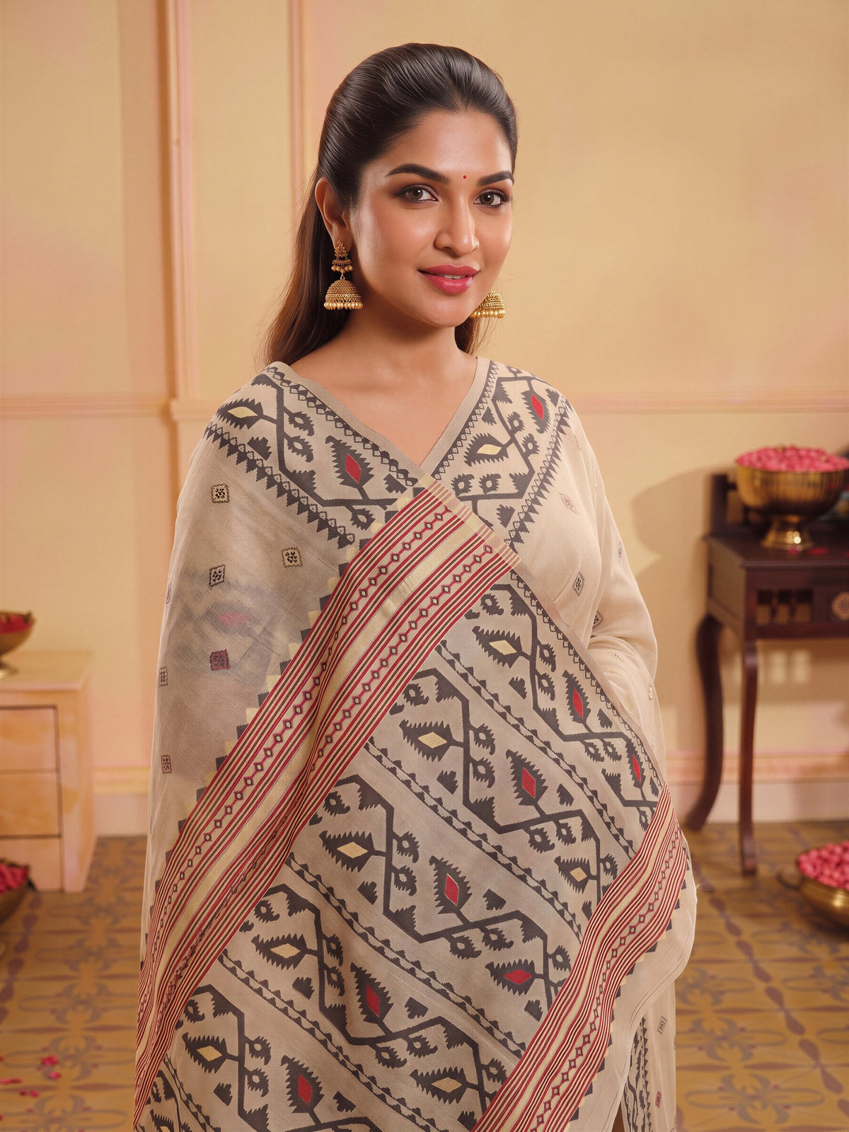 Beige linen saree view 4