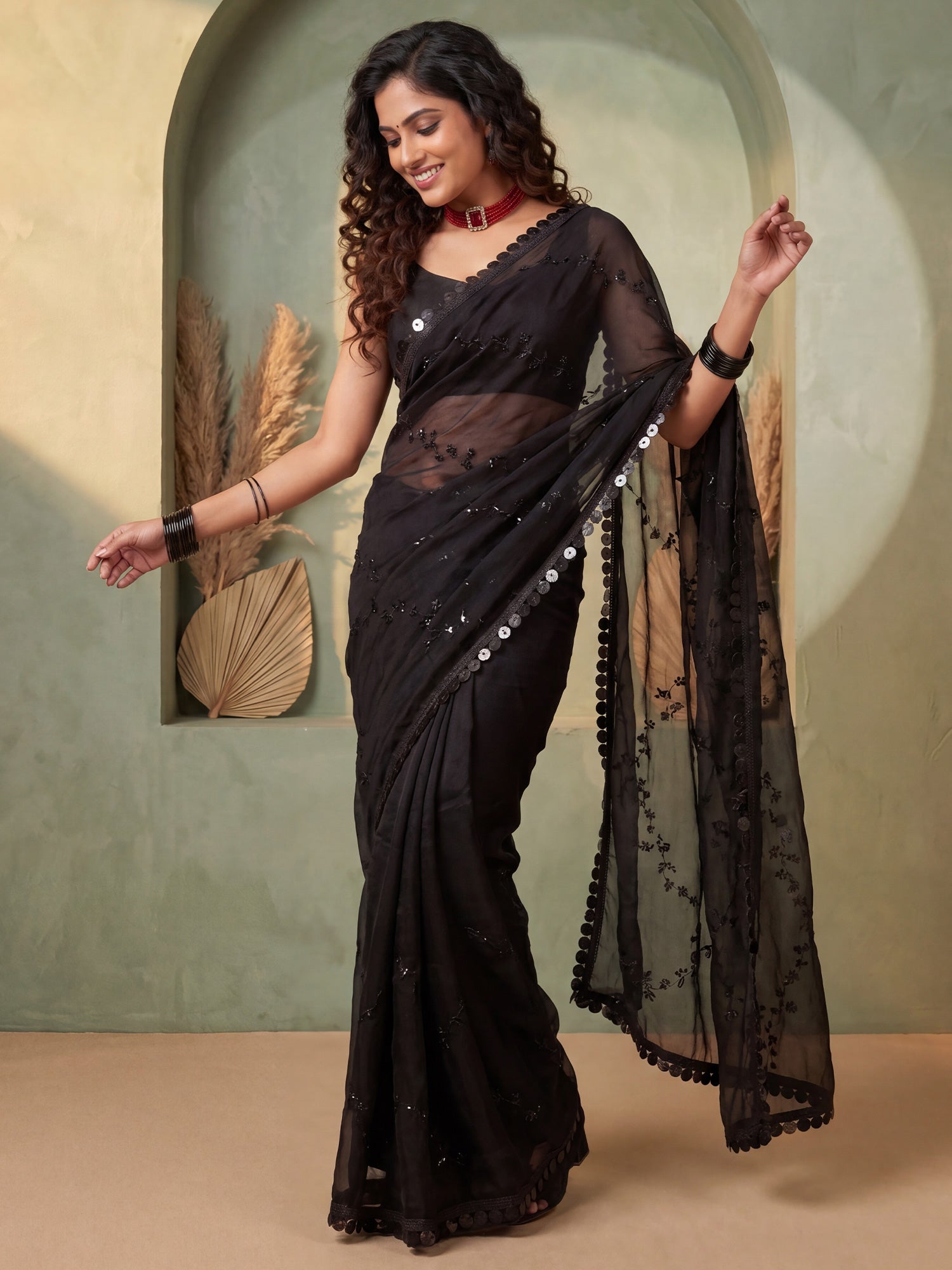 Black Chiffon saree – detail view 3