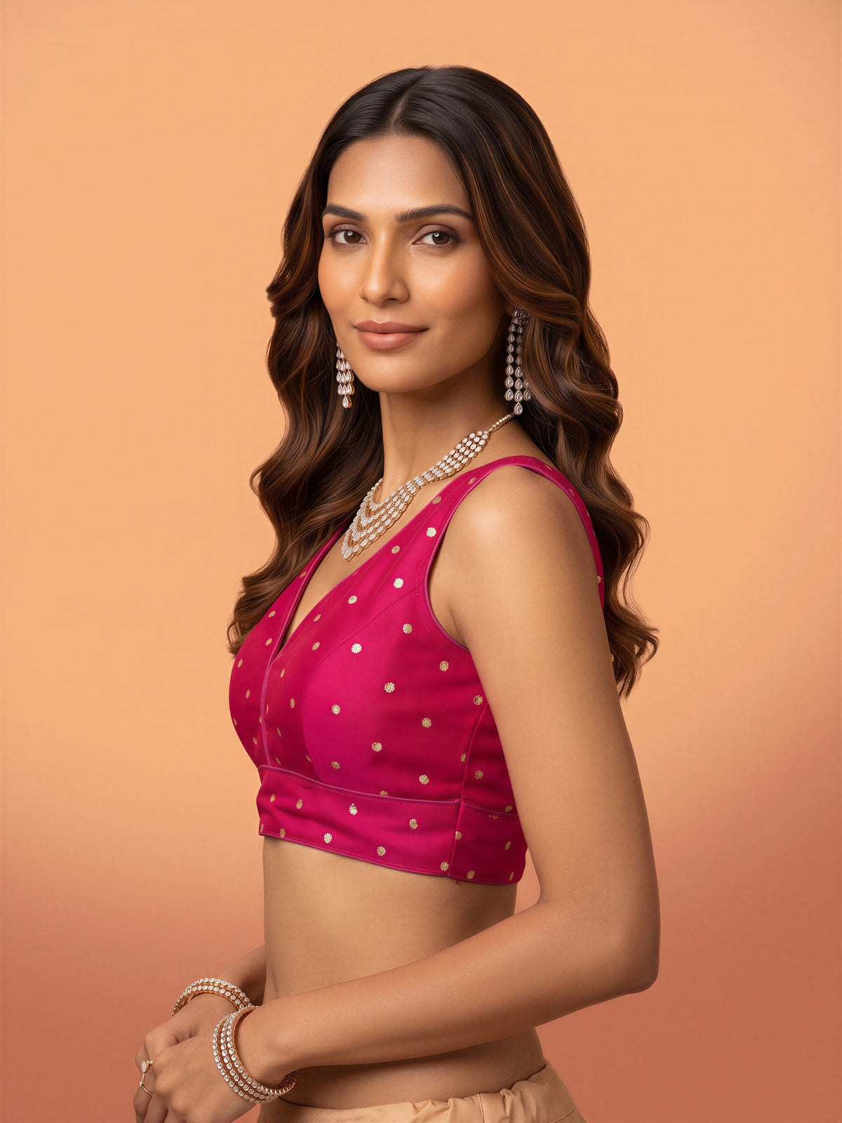 Pink sequin embellished silk blend sleeveless readymade saree blouse with v neck view 2