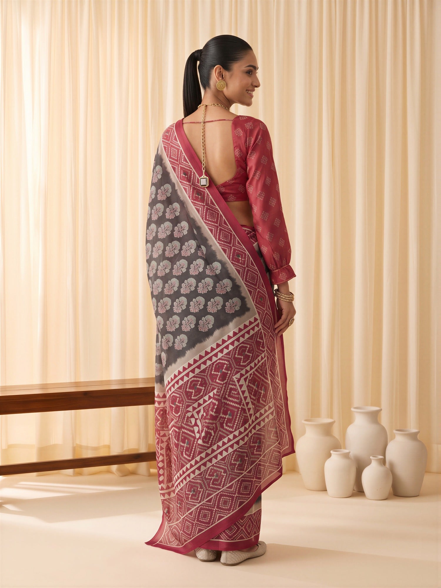 Black Satin saree – detail view 1