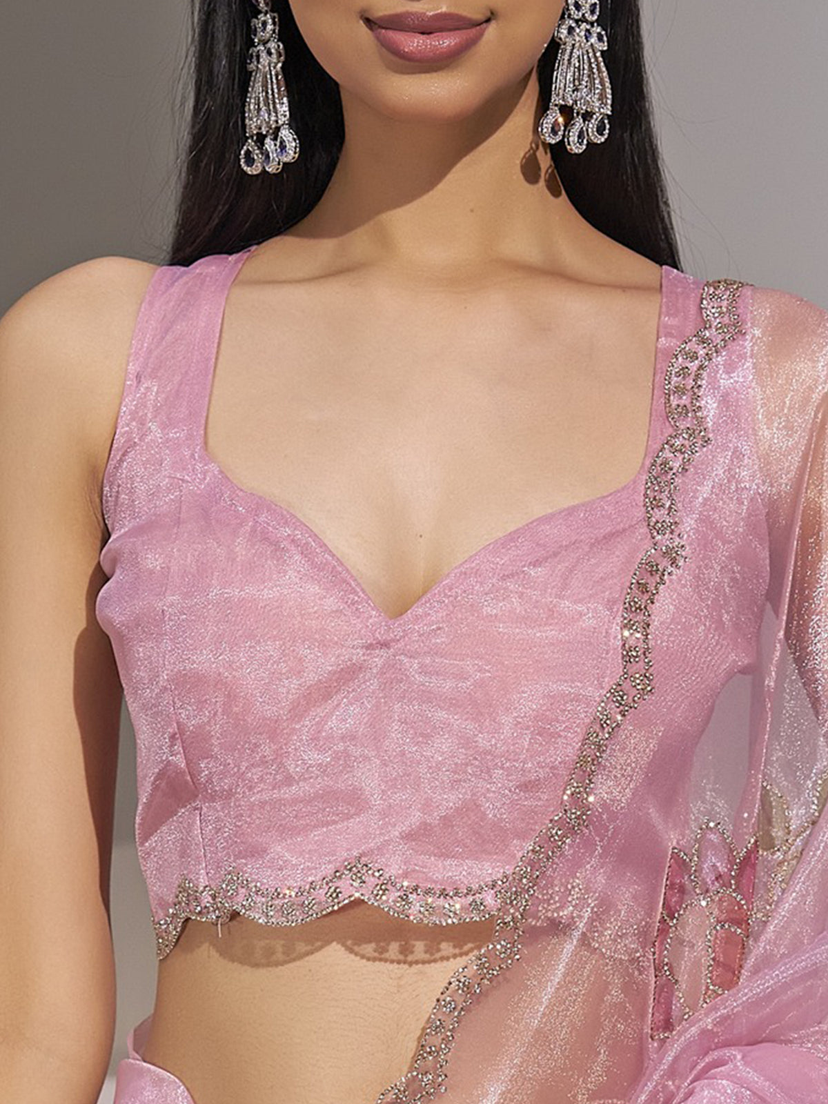 Unstitched lavender organza blouse piece with embellished design