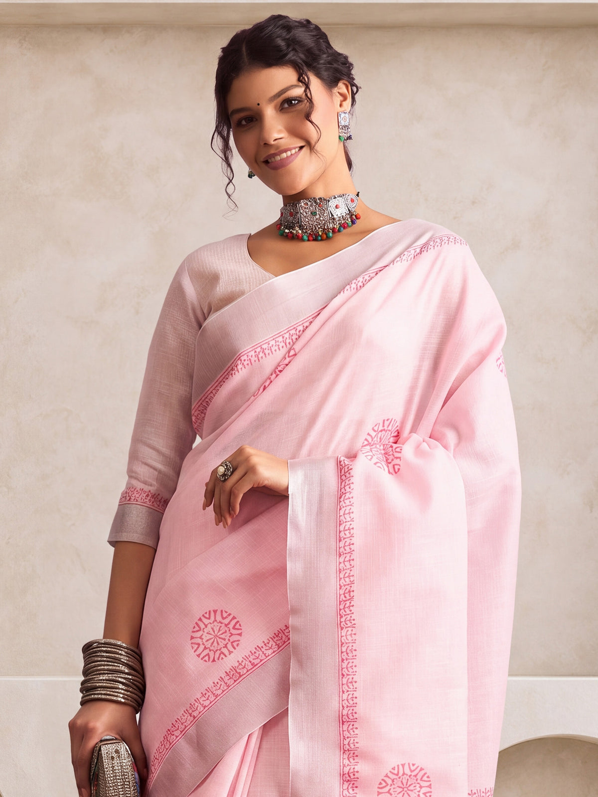 Pink Linen saree – detail view 4