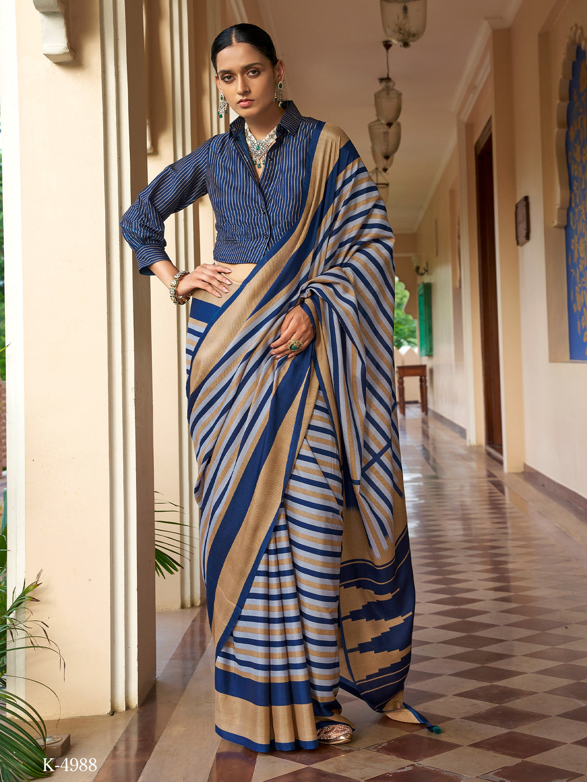 Blue striped crepe saree with blue blouse piece