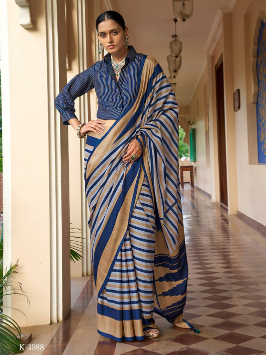 Blue striped crepe saree with blue blouse piece