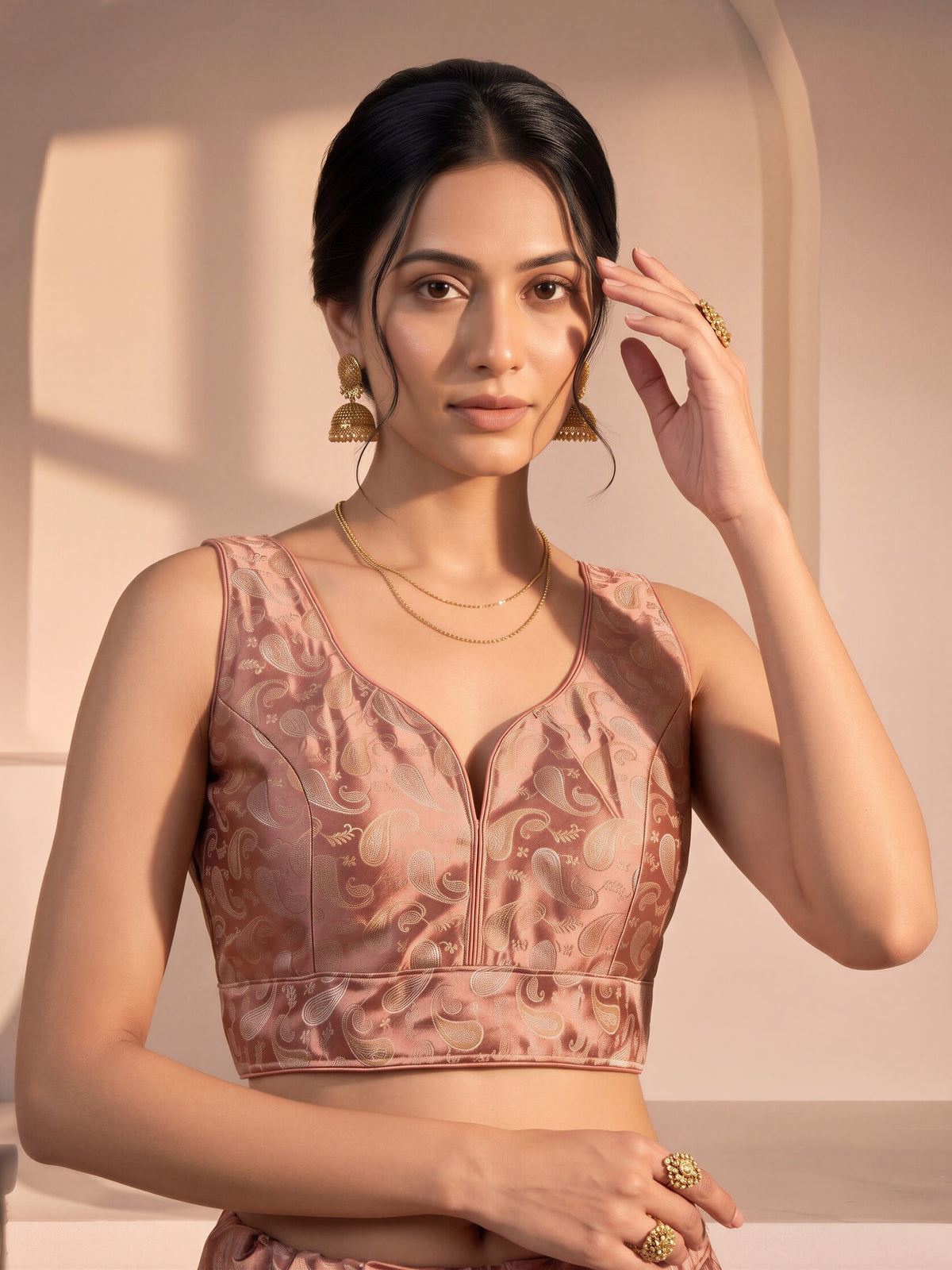 Peach woven brocade silk blend sleeveless readymade saree blouse with v neck view 2