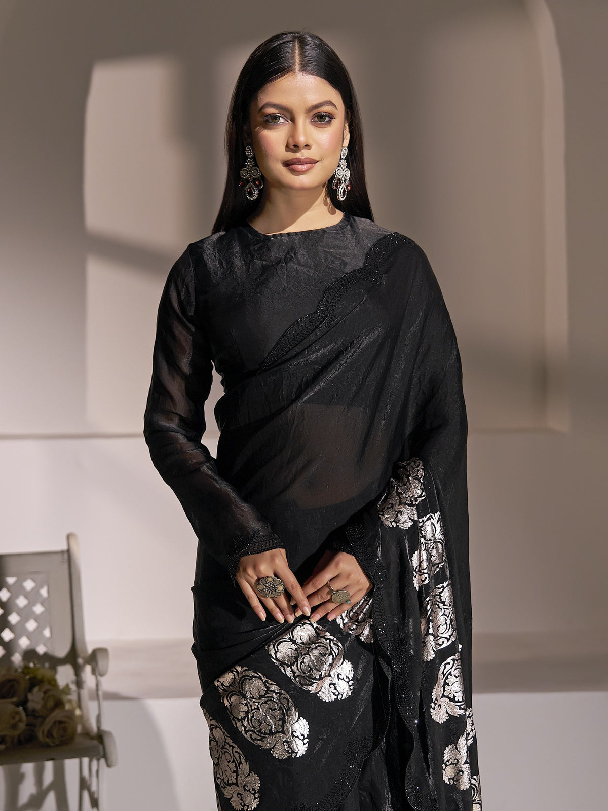 Black satin silk saree view 3