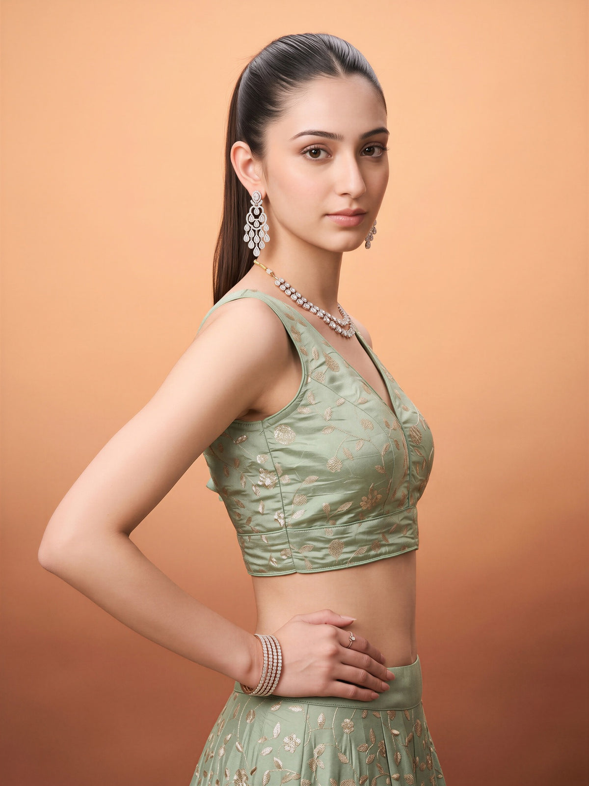 Sea Green sequin embellished silk blend sleeveless readymade saree blouse with v neck view 1