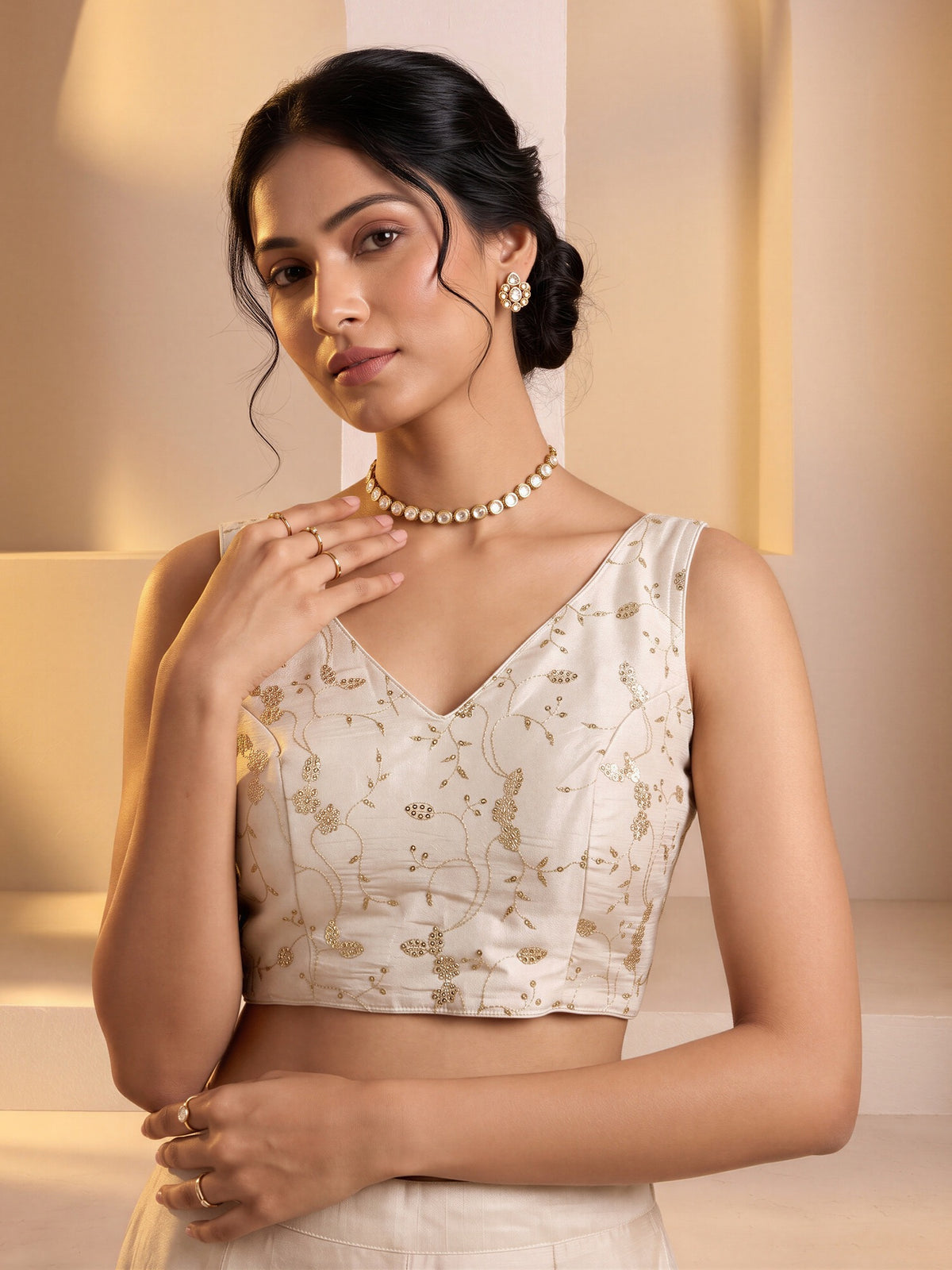 Off White sequin embroidered vichitra silk sleeveless readymade saree blouse with v neck