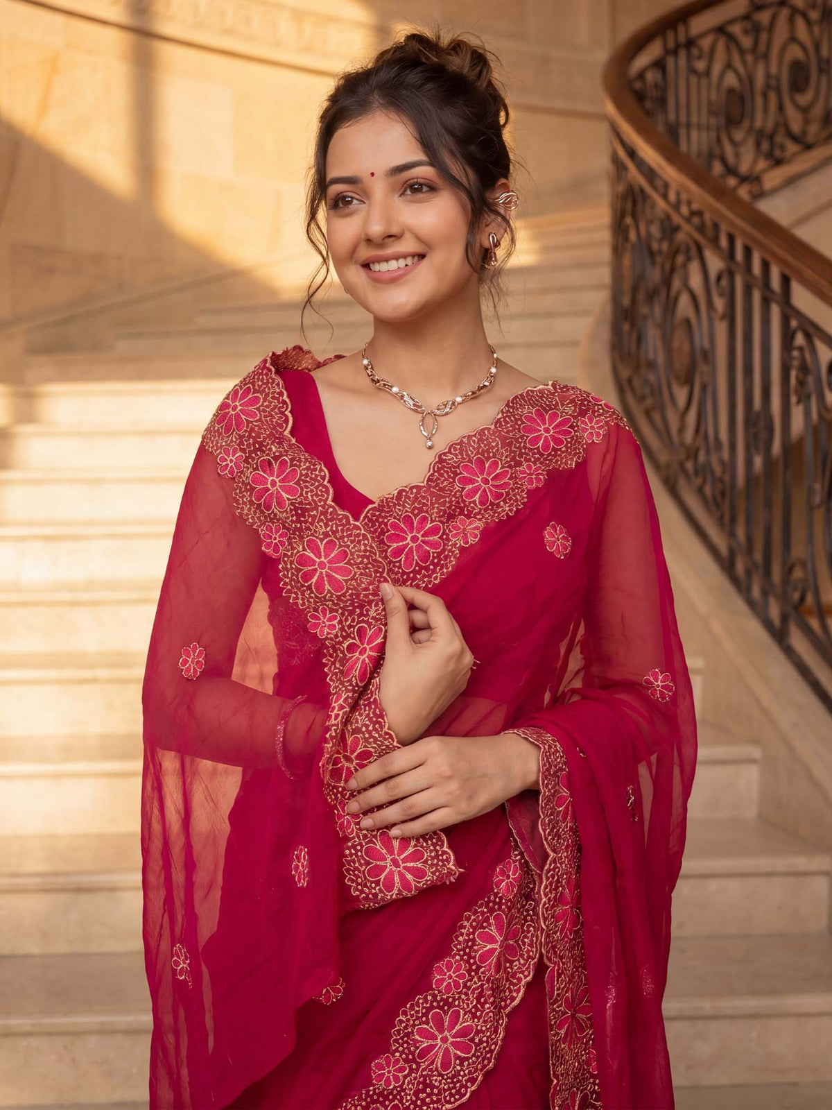 Red Chiffon saree – detail view 4