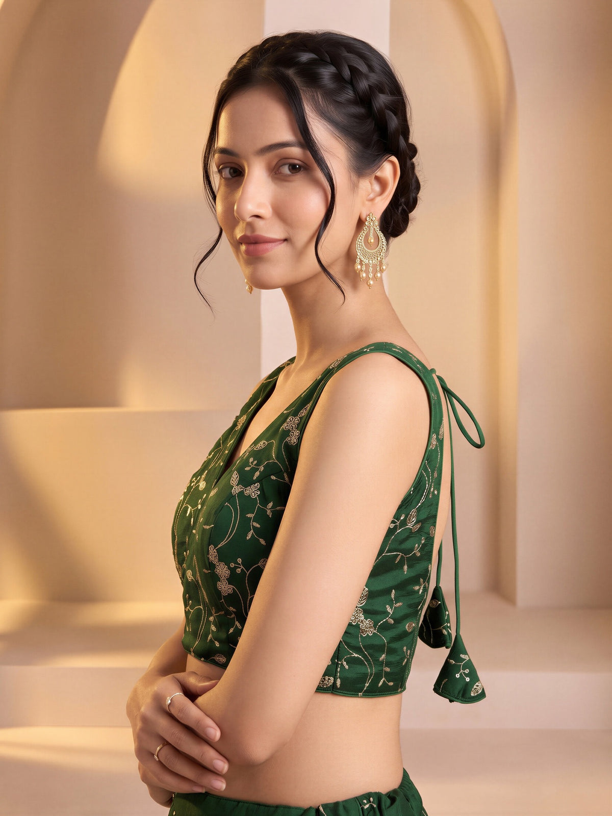 Green sequin embroidered vichitra silk sleeveless readymade saree blouse with v neck view 2
