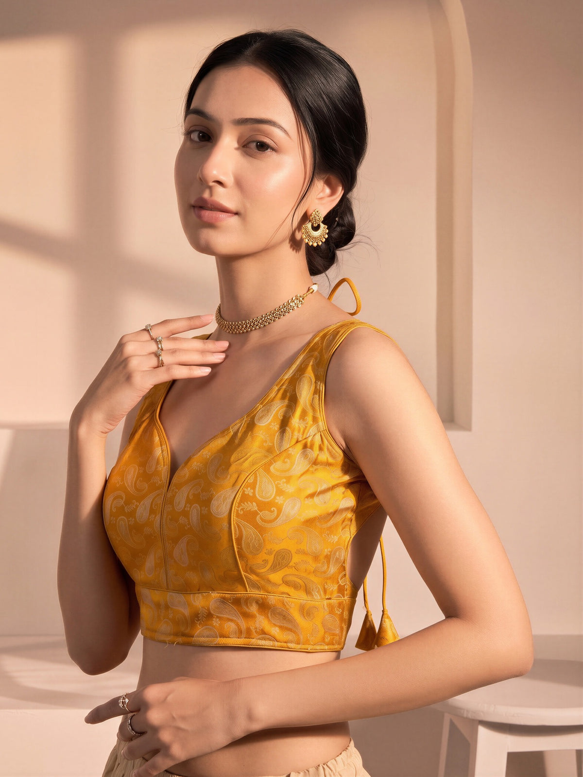 Orange woven brocade silk blend sleeveless readymade saree blouse with v neck view 3