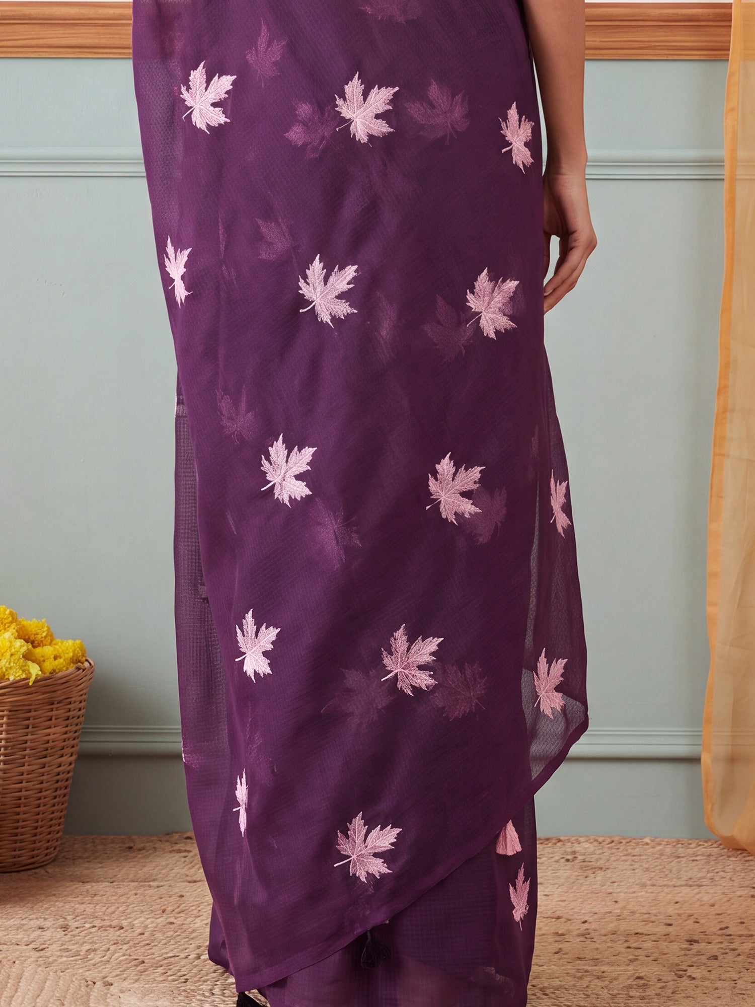 Wine Kota Doria Cotton saree – detail view 5