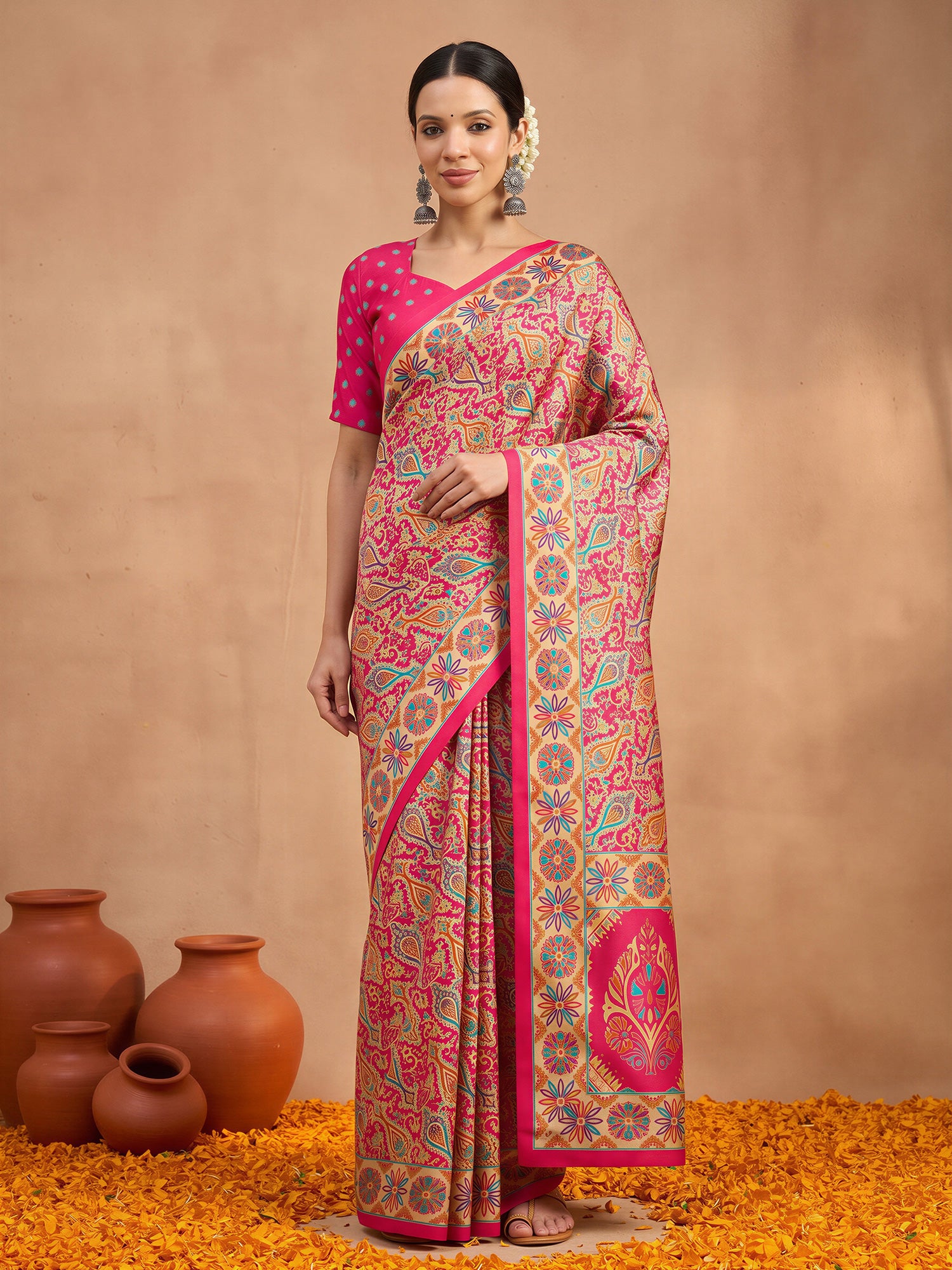Woman wearing assorted silk blend saree with metallic foil print work and pink blouse