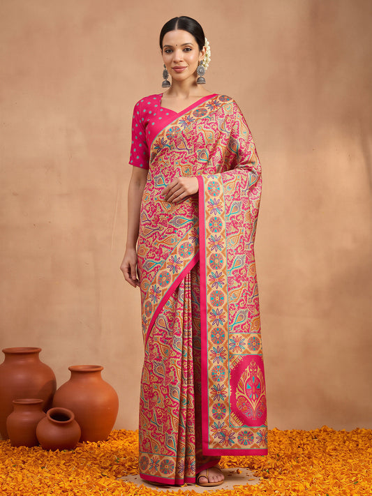 Woman wearing assorted silk blend saree with metallic foil print work and pink blouse