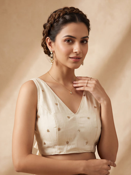 Off White sequin embellished vichitra silk sleeveless readymade saree blouse with v neck
