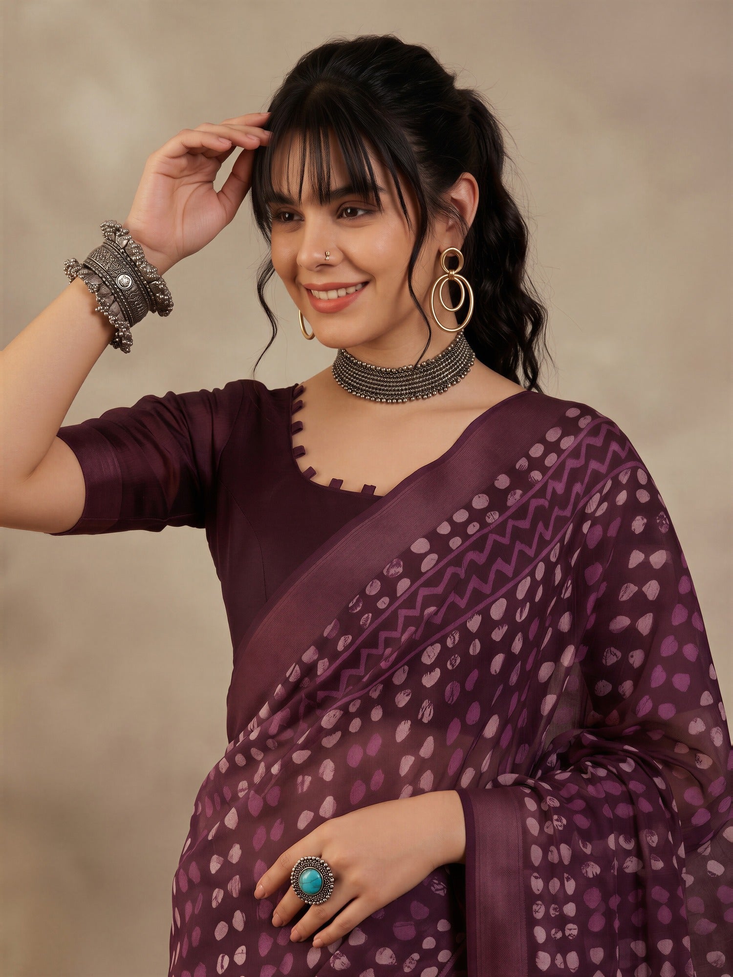 Violet Cotton Linen saree – detail view 4
