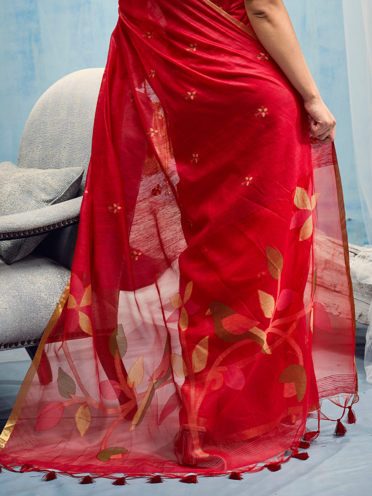 Red Muga Cotton saree – detail view 5
