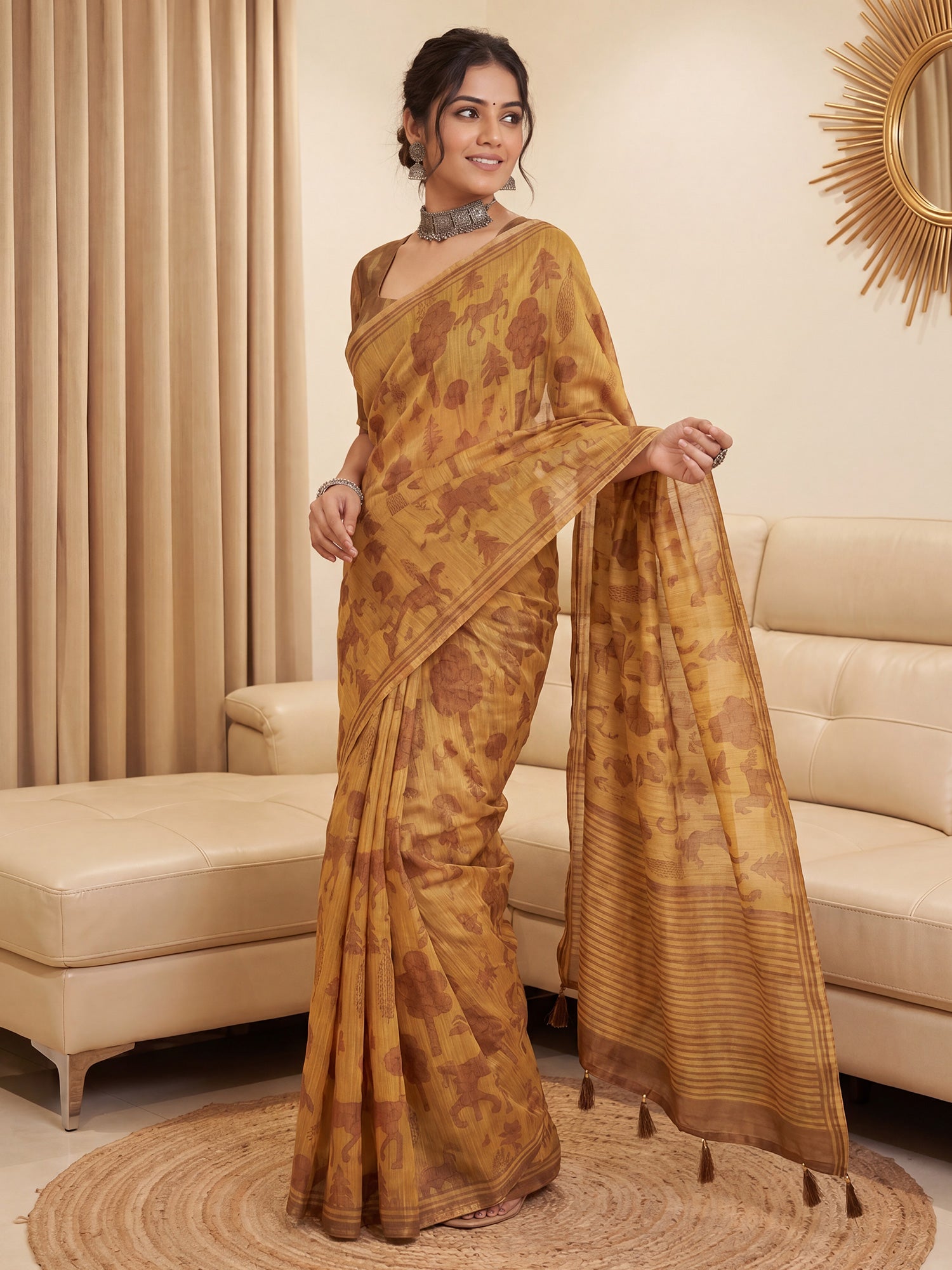 Camel Brown Cotton Linen saree – detail view 2