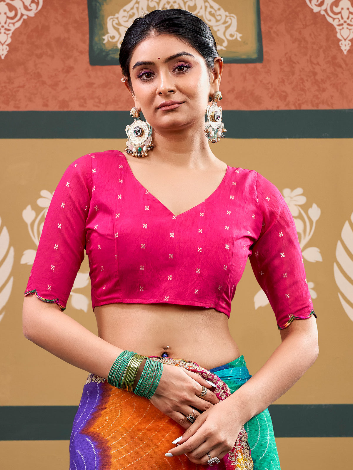 Unstitched pink chiffon blouse piece with zari butta design
