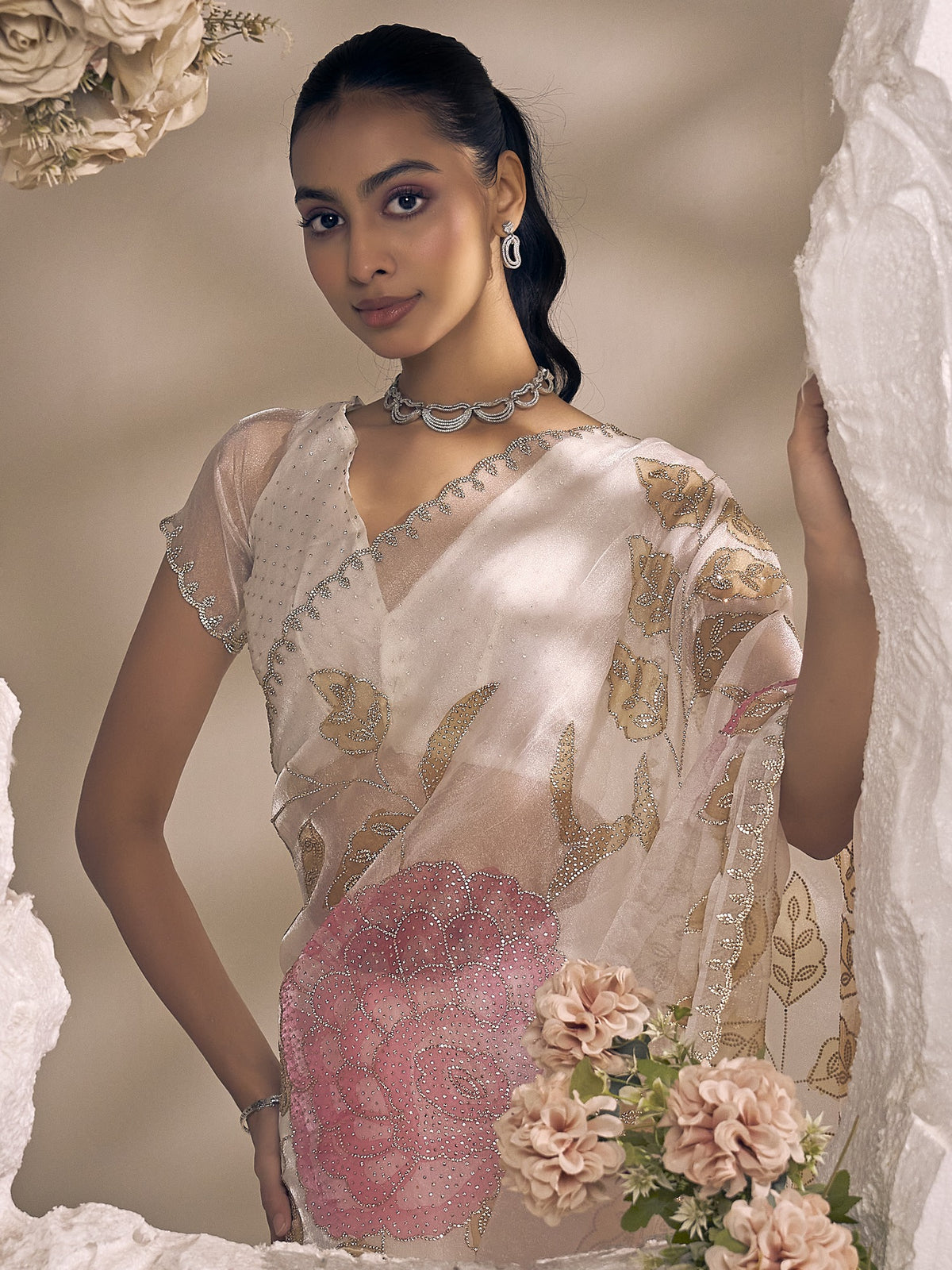 Off White organza saree view 4