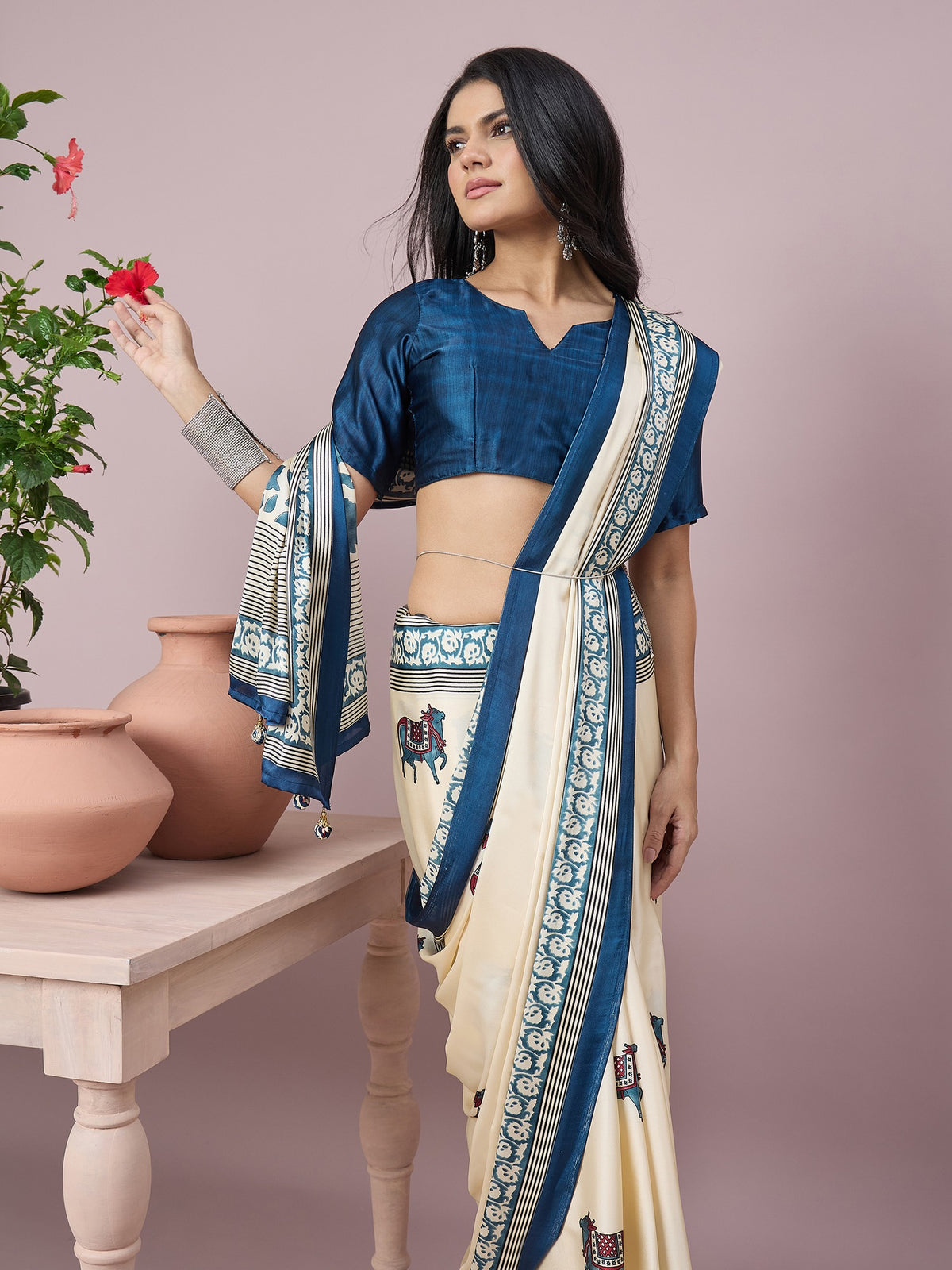 Off White satin saree view 6