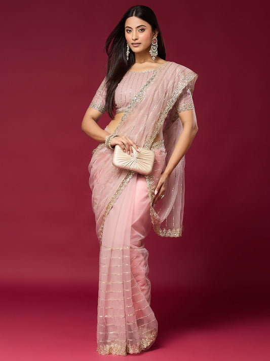Woman wearing pink net saree with ornamented surface design and pink blouse