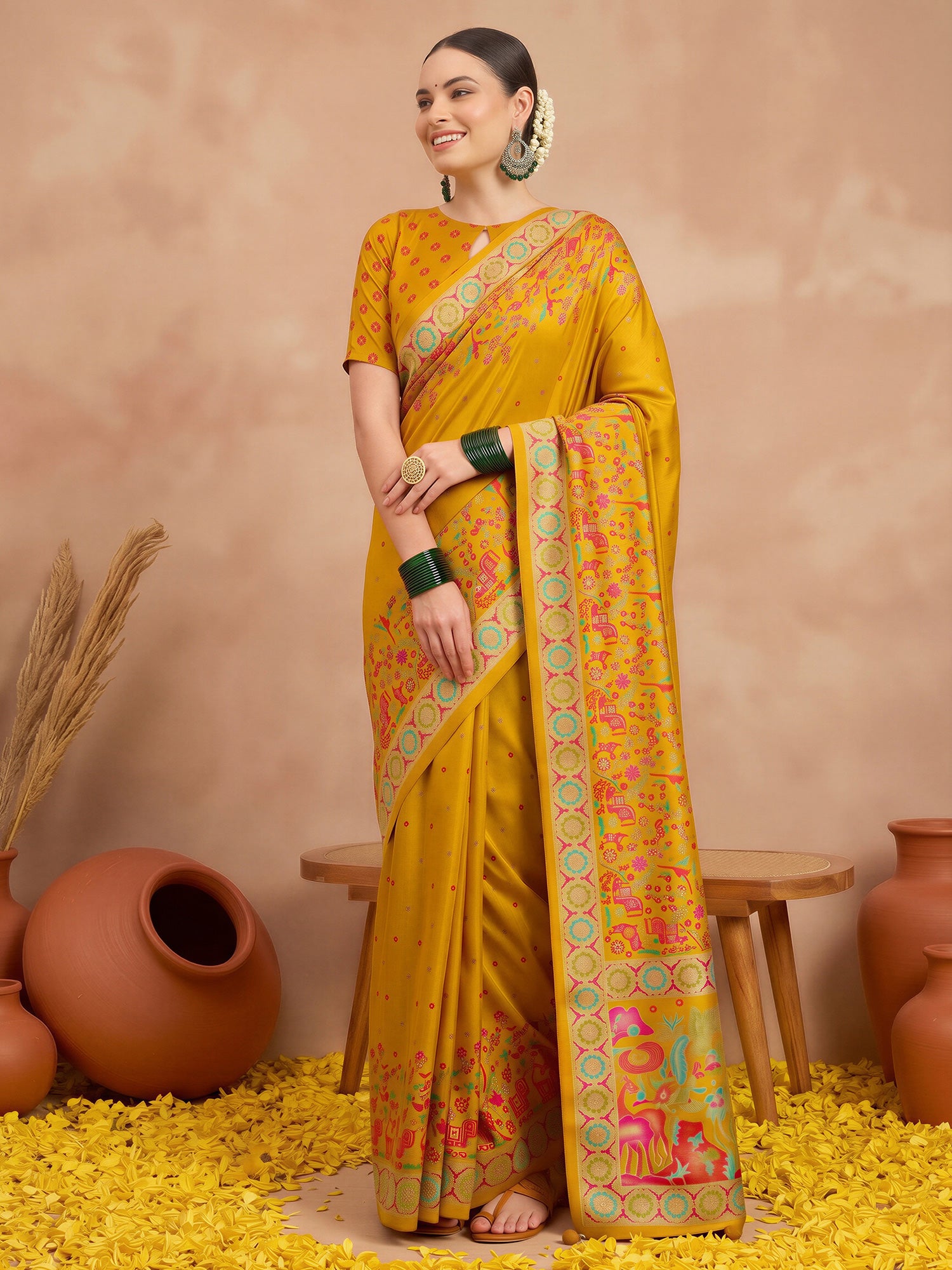 Woman wearing mustard silk blend saree with metallic foil print work and mustard blouse