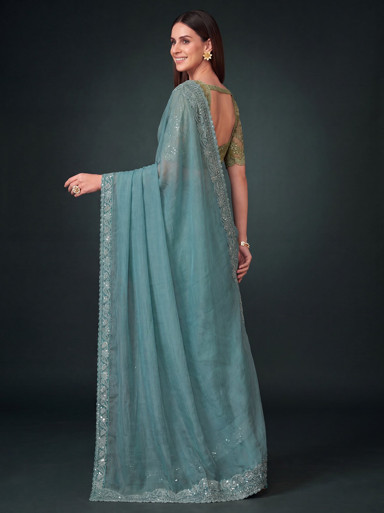 Turquoise Pure Georgette saree – detail view 1
