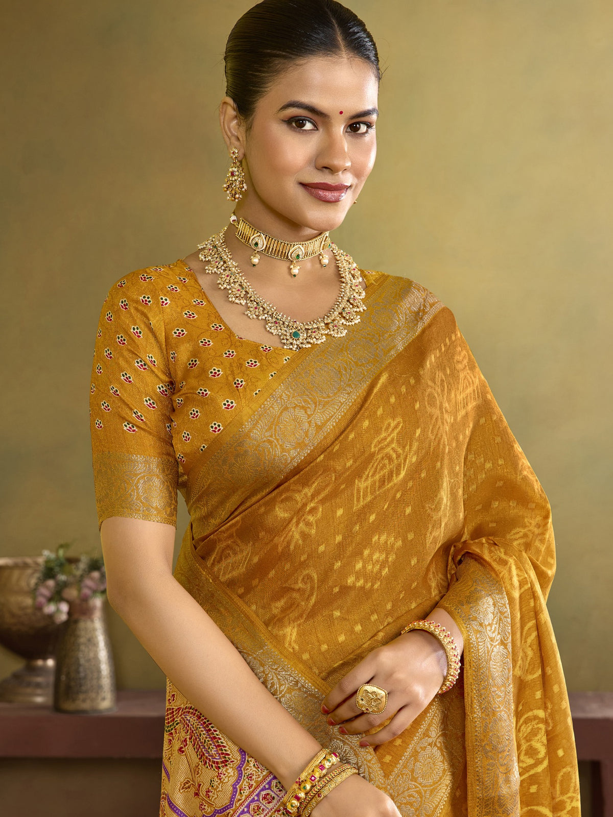 Mustard tussar silk saree view 3