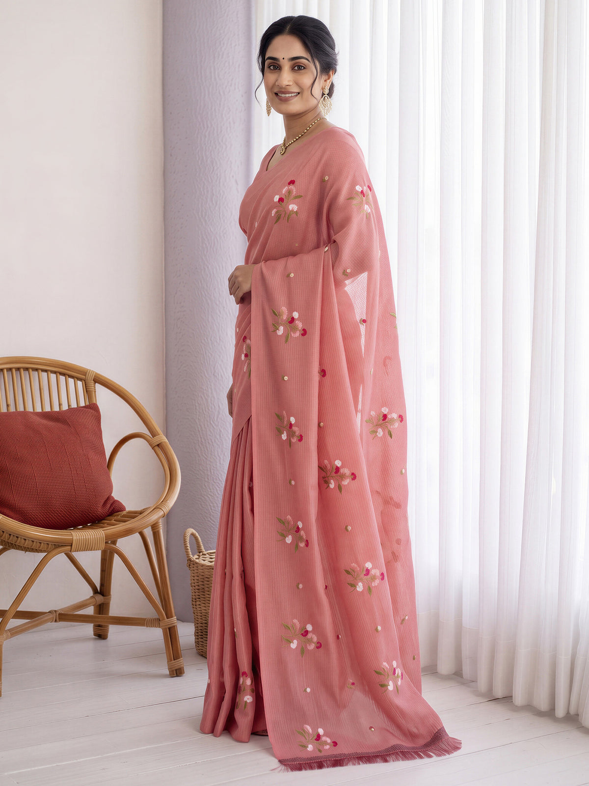 Peach Kota Doria Cotton saree – detail view 2