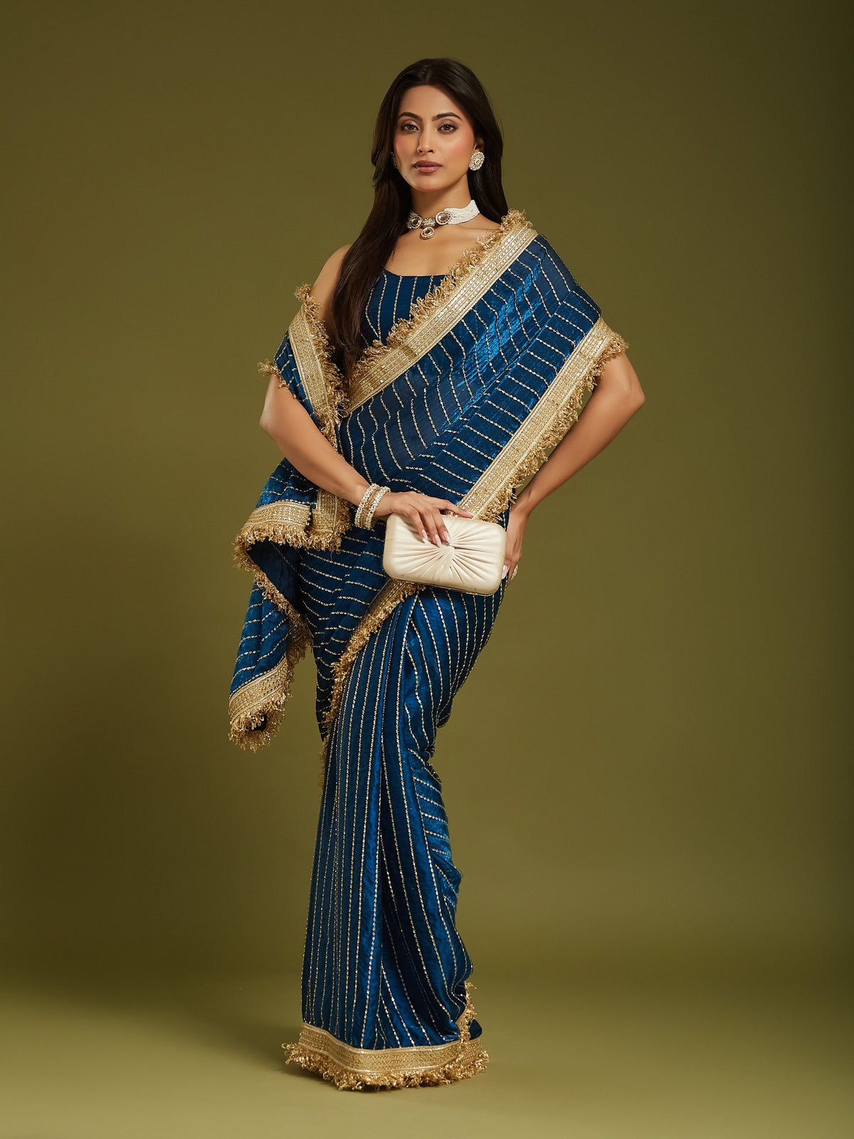 Teal Blue Satin saree – detail view 3