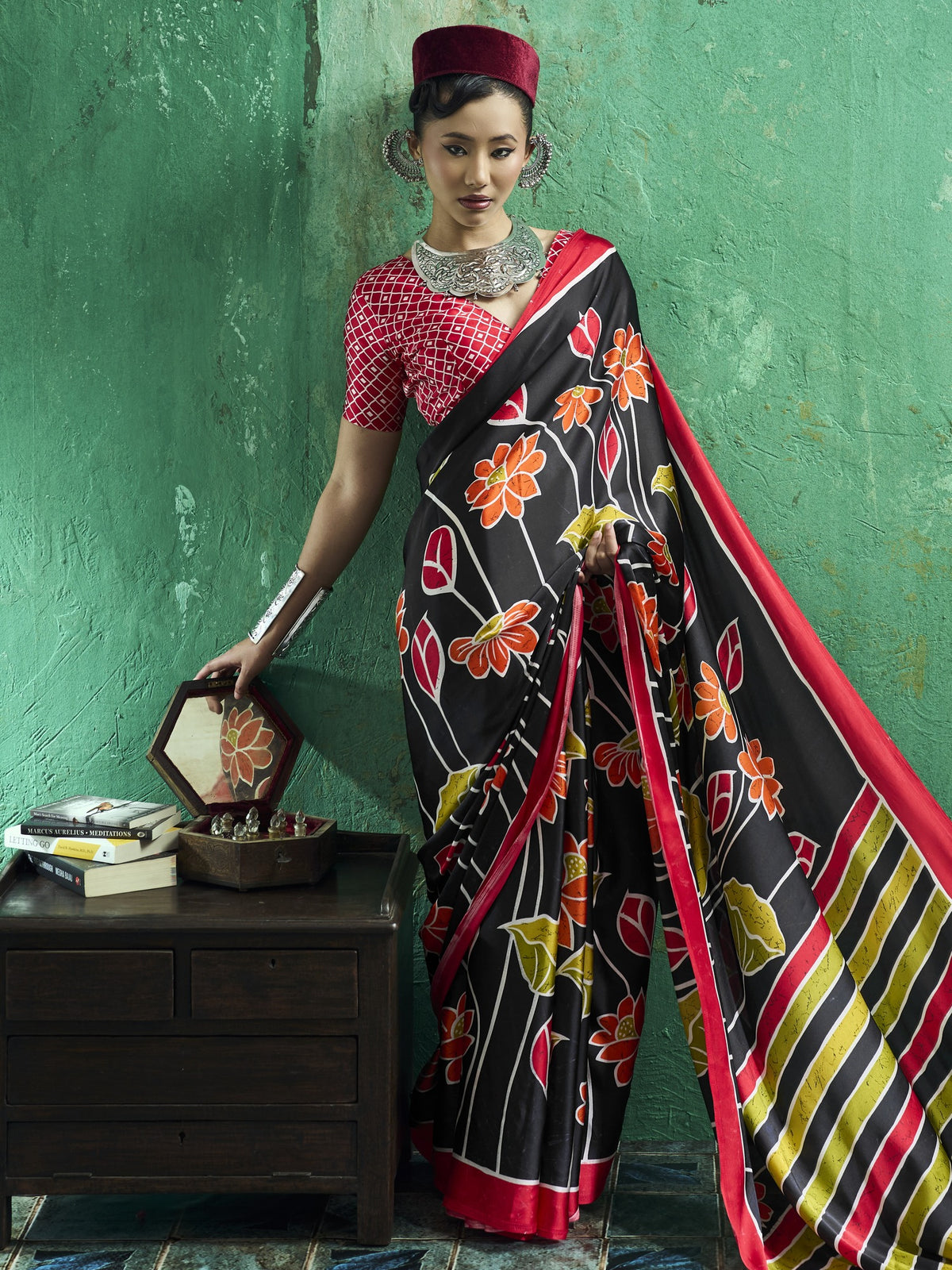 Black satin saree view 4