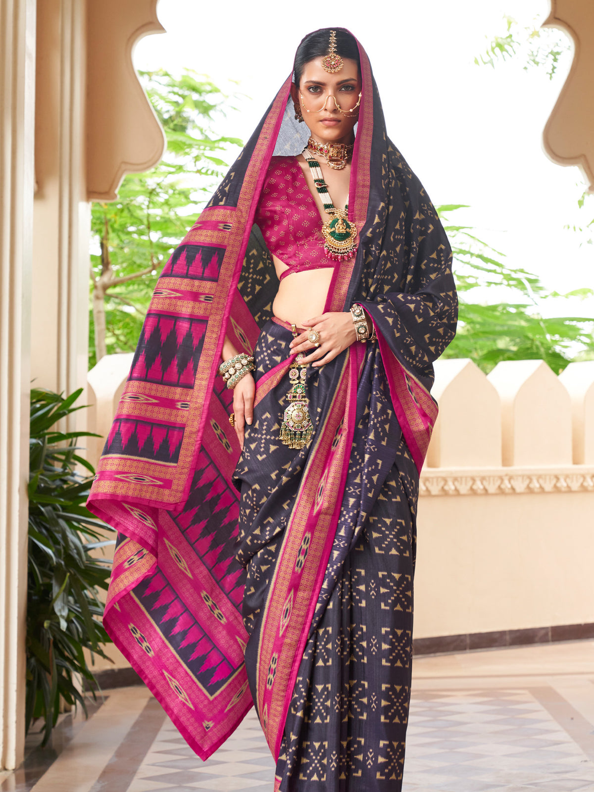 Navy Blue silk blend saree view 1