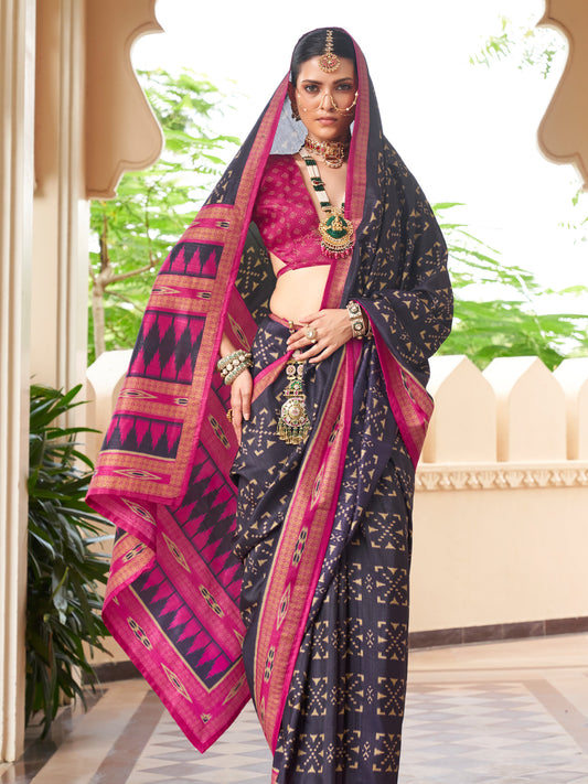 Navy Blue silk blend saree view 1