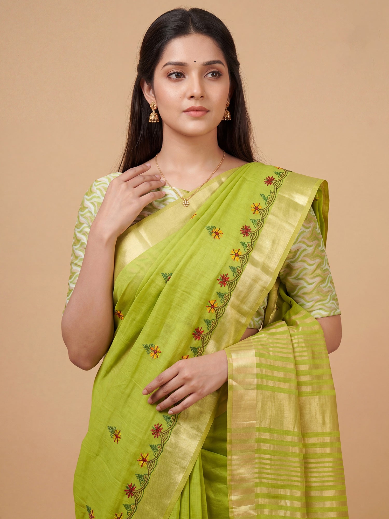 Lime Green Cotton Linen saree – detail view 4
