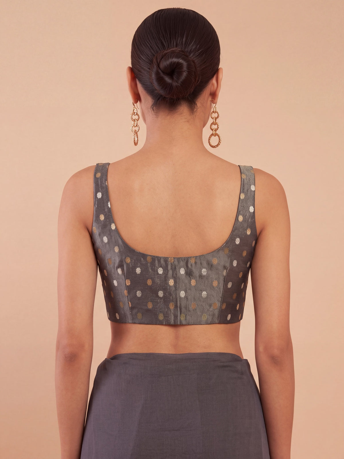 Olive zari woven georgette sleeveless readymade saree blouse with round neck view 2
