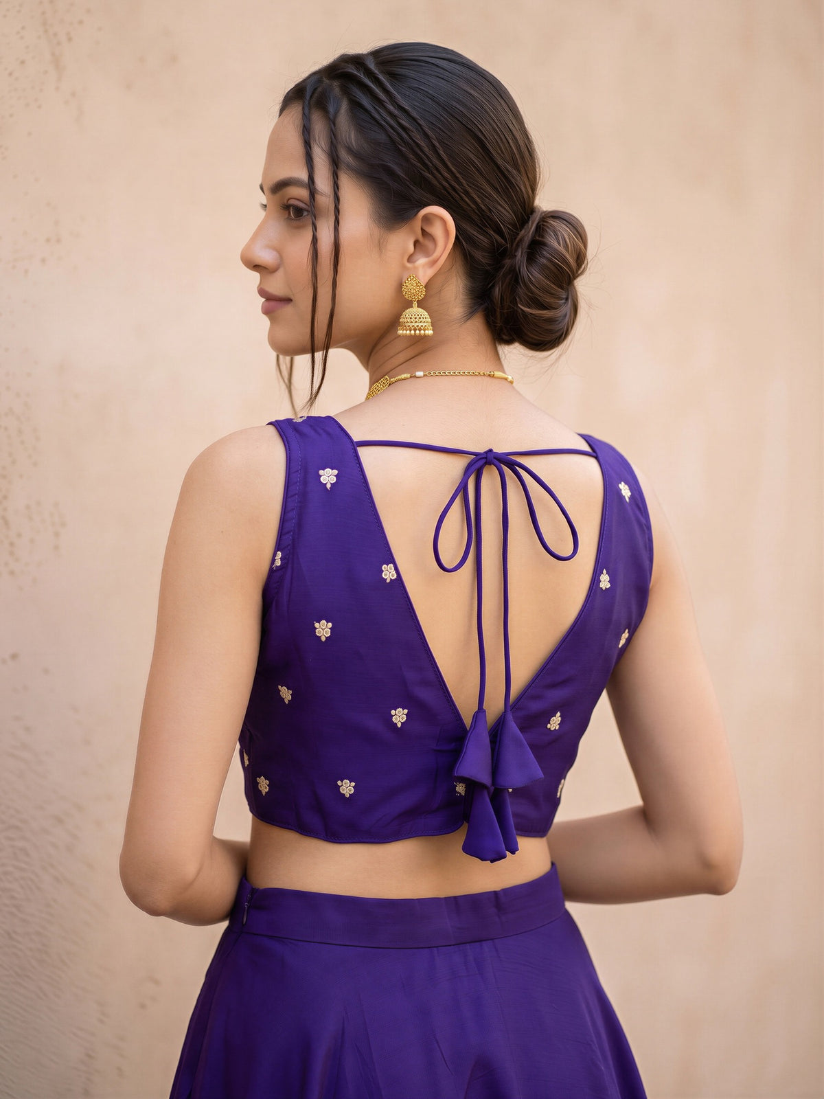 Violet sequin embellished vichitra silk sleeveless readymade saree blouse with v neck view 1