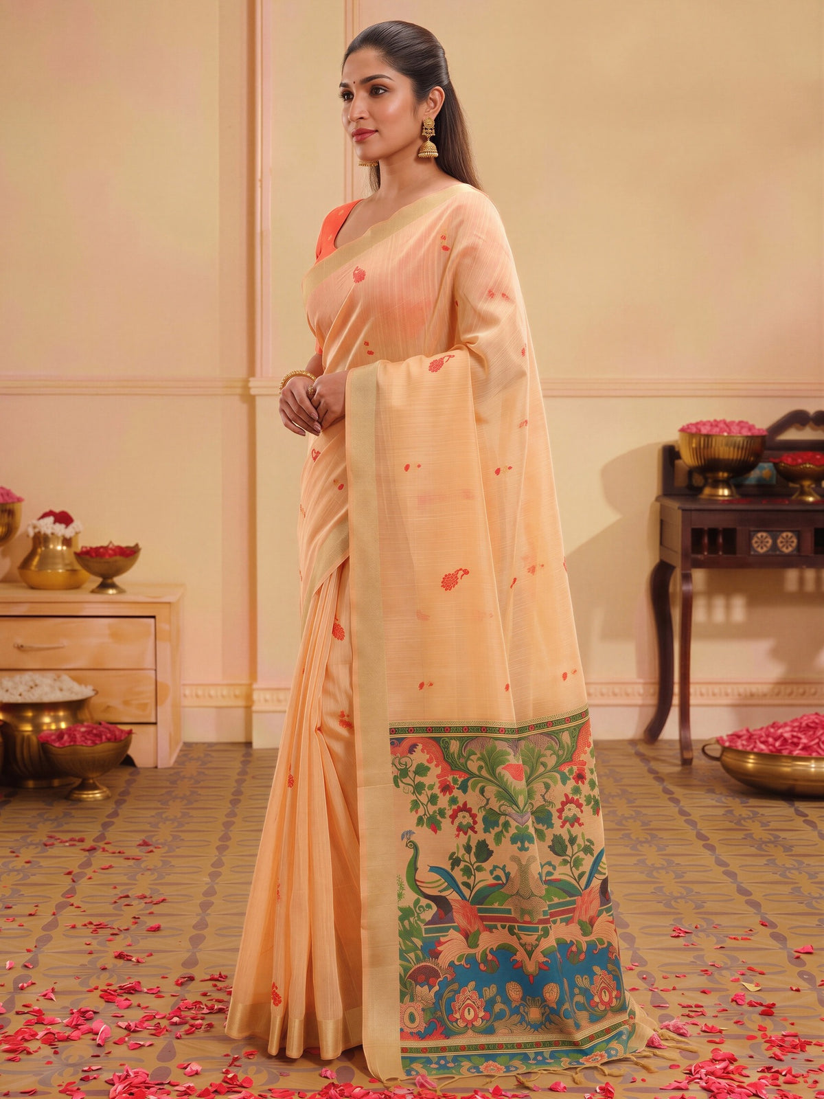 Peach silk blend saree view 2