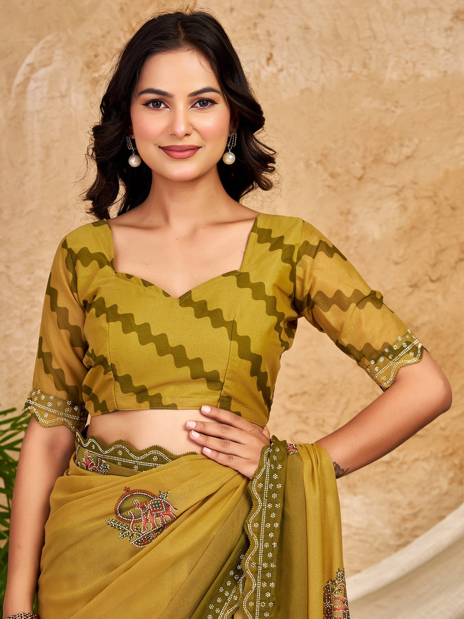 Unstitched olive georgette blouse piece with geometric design