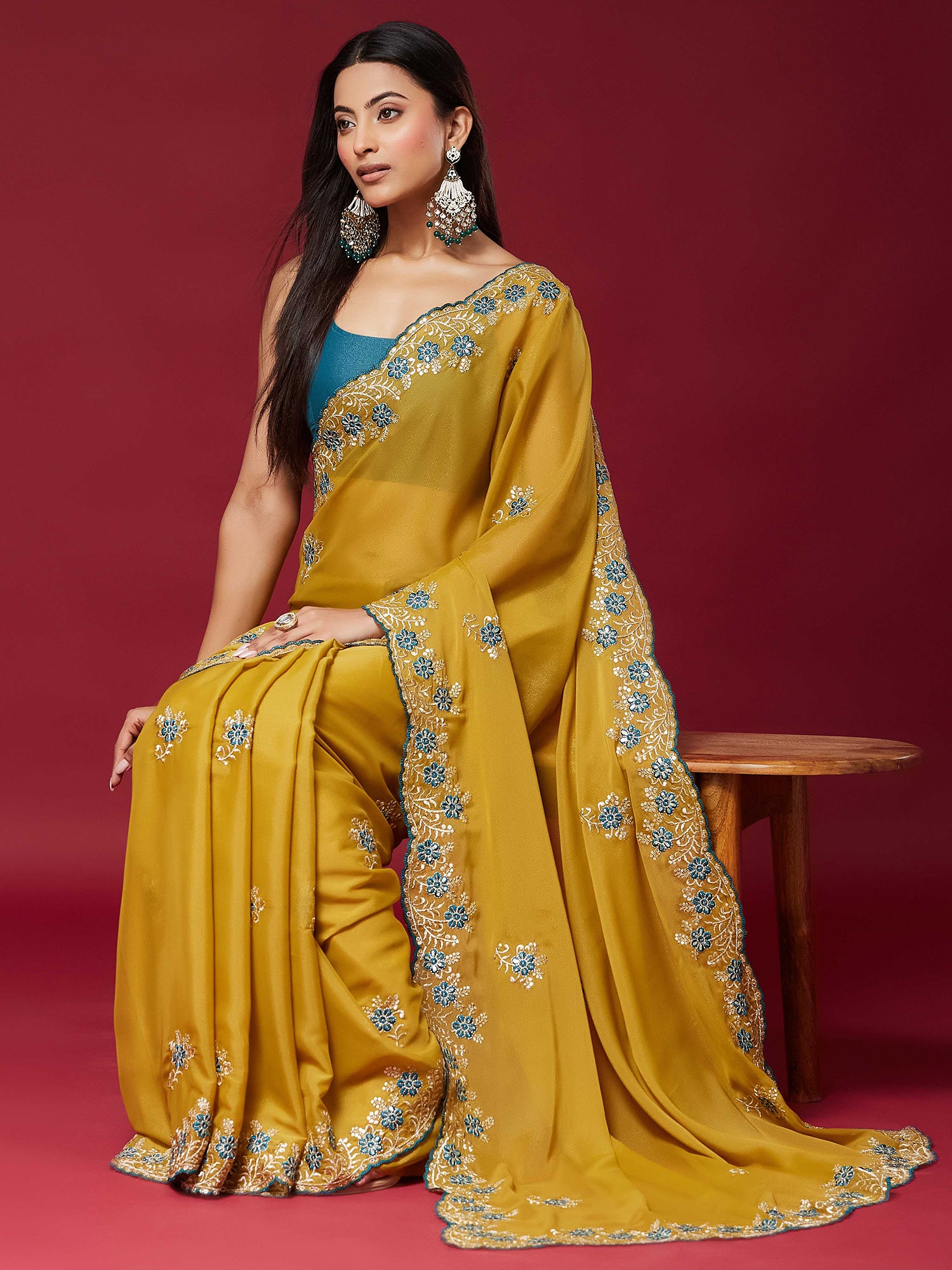 Mustard Georgette saree – detail view 3