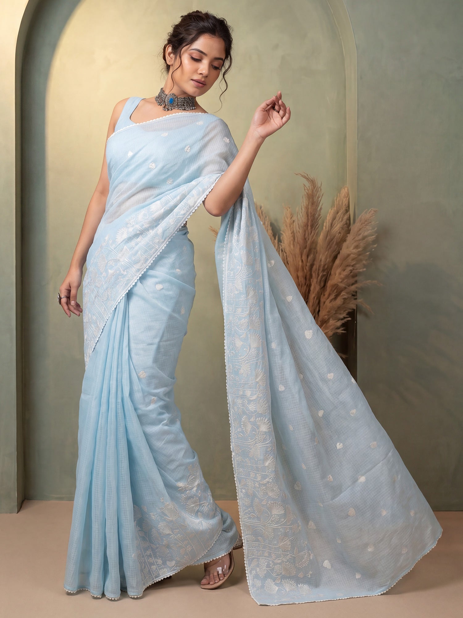Light Blue Kota Doria Cotton saree – detail view 3