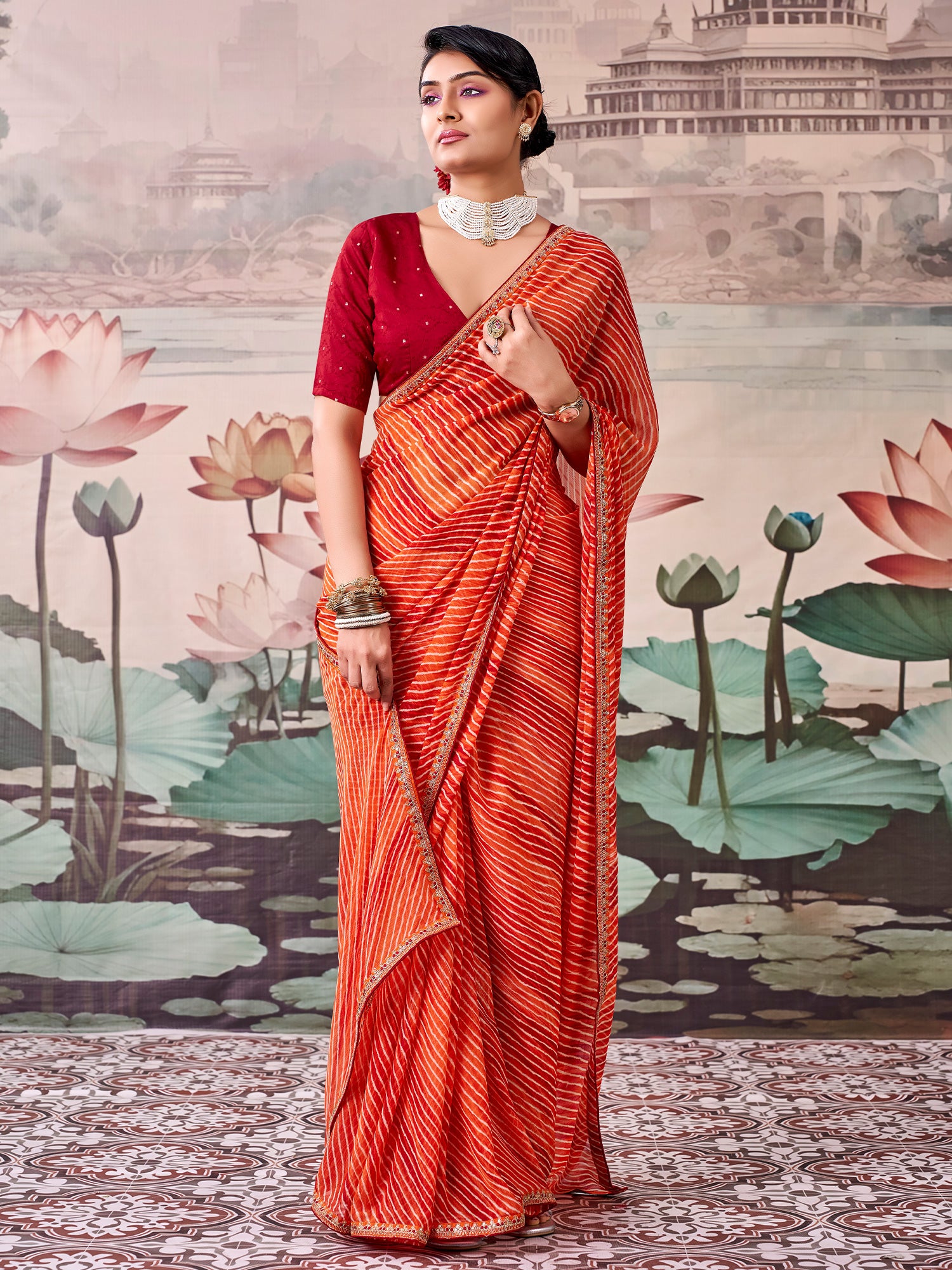 Orange Georgette saree – detail view 1