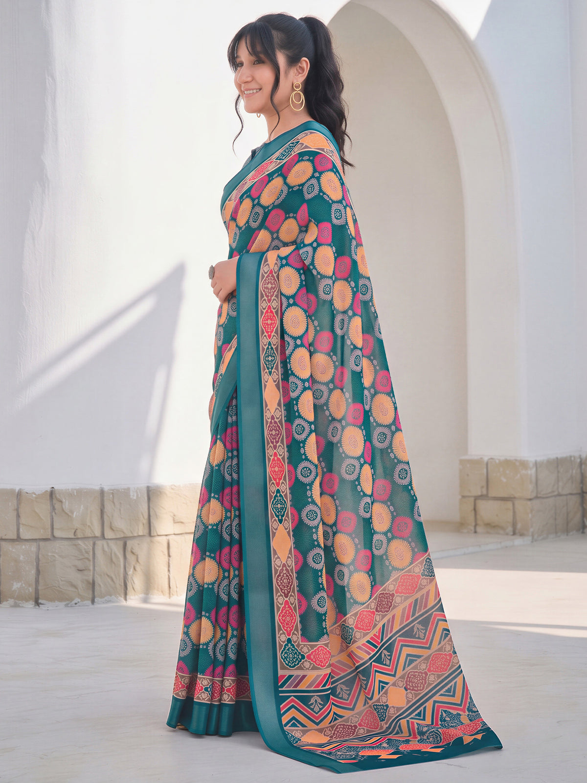 Teal Blue Cotton Linen saree – detail view 2