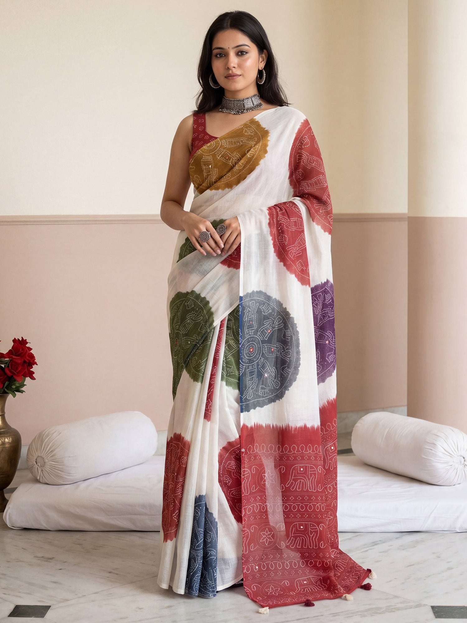 Woman wearing off white linen saree with bandhani tie-dye dot work and red blouse