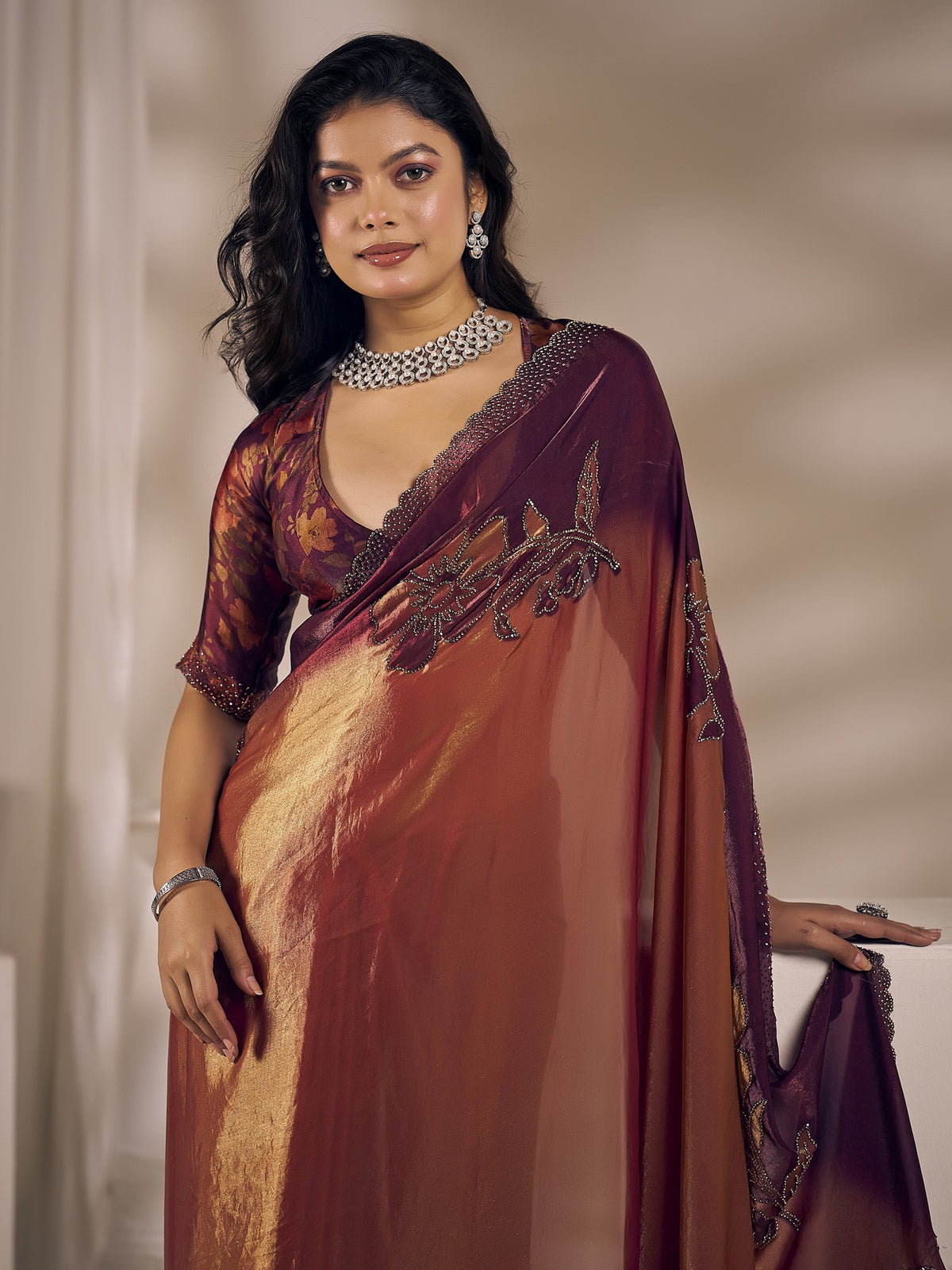 Rust satin silk saree view 4