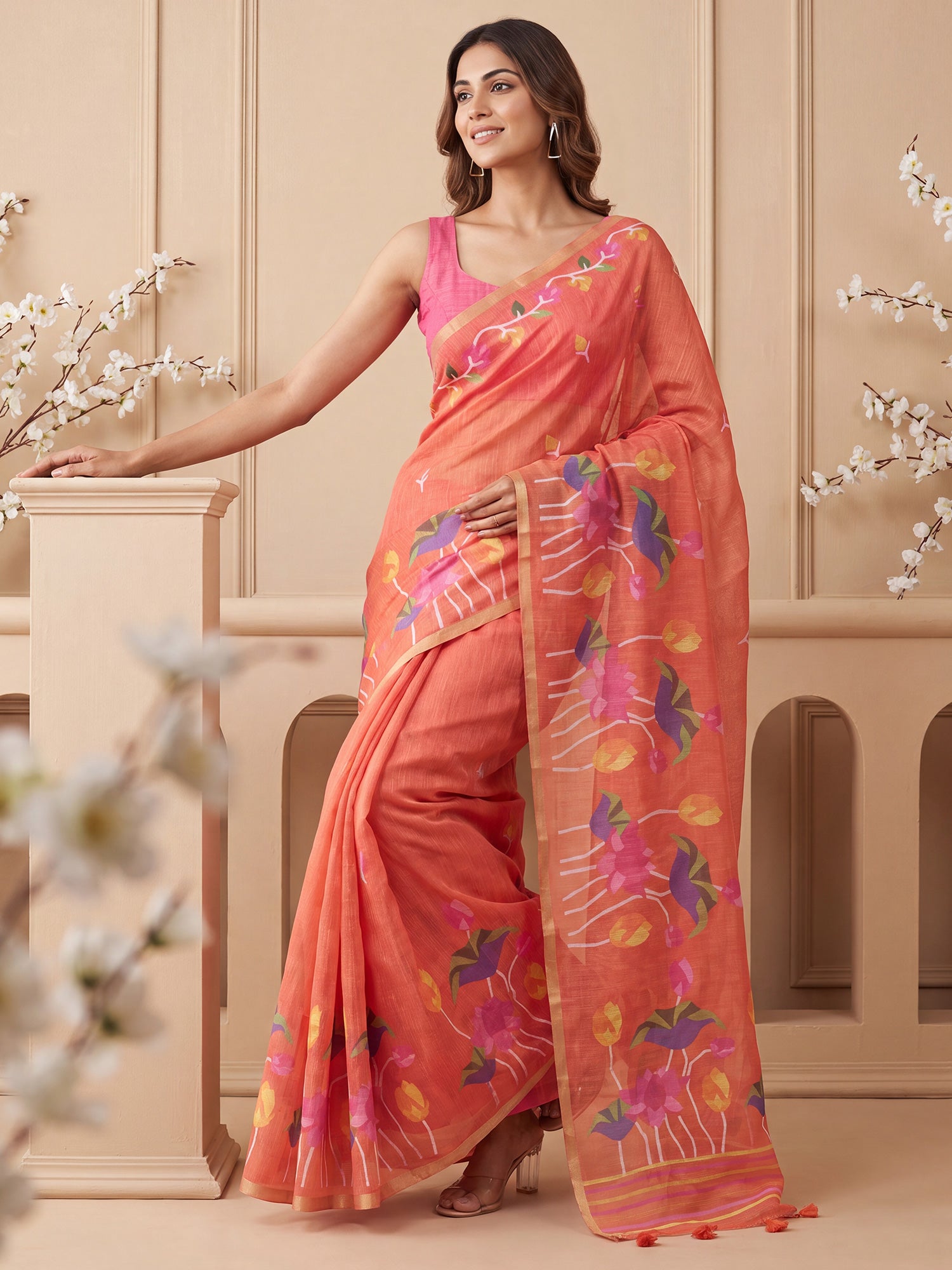 Rust Cotton Linen saree – detail view 3