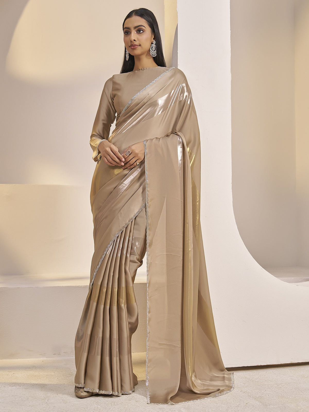 Metallic foil satin silk saree with metallic blouse piece