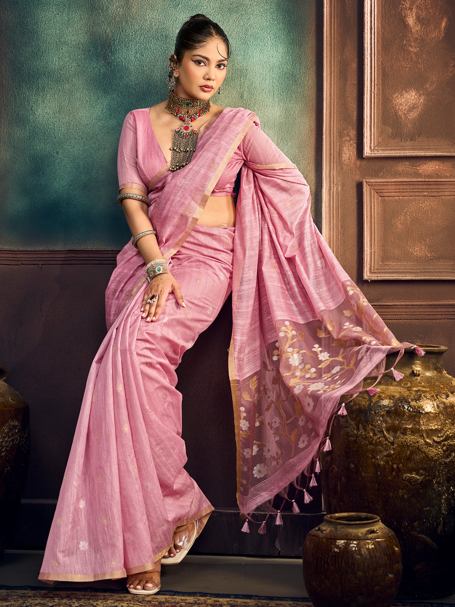 Pink Muga Cotton saree – detail view 2