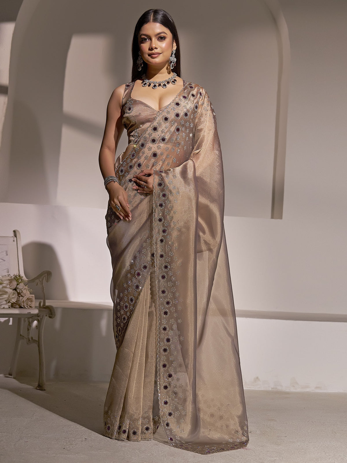 Silver applique organza saree with silver blouse piece